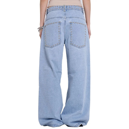 Studded Wide-Leg Jeans in Light Blue Wash
