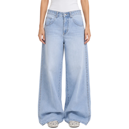 Studded Wide-Leg Jeans in Light Blue Wash