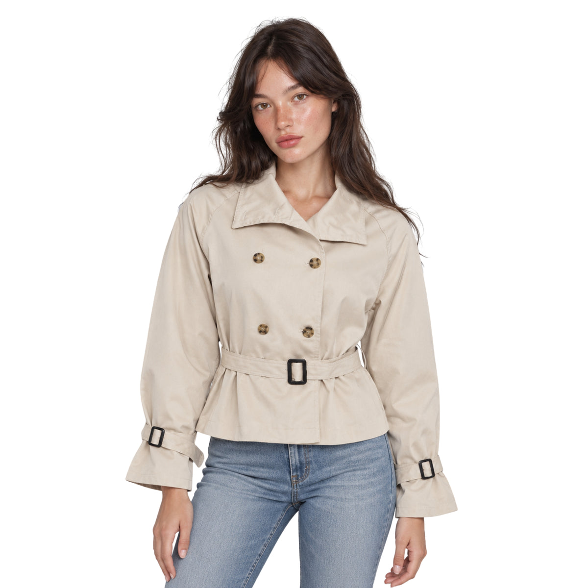 Women's Belted Double-Breasted Trench Coat-Fowsa