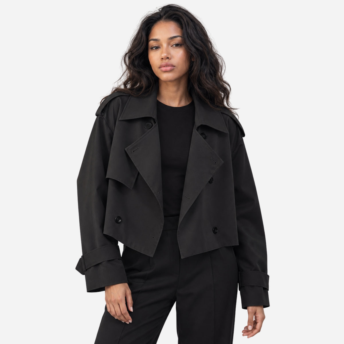 Women's Cropped Double-Breasted Trench Jacket-Fowsa