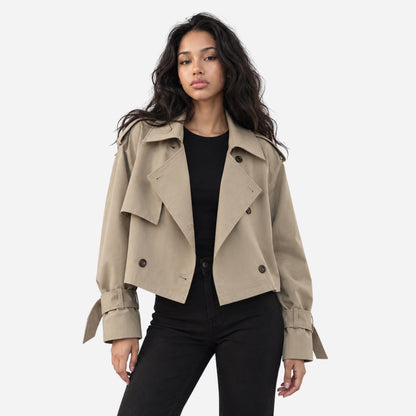 Women's Cropped Double-Breasted Trench Jacket-Fowsa