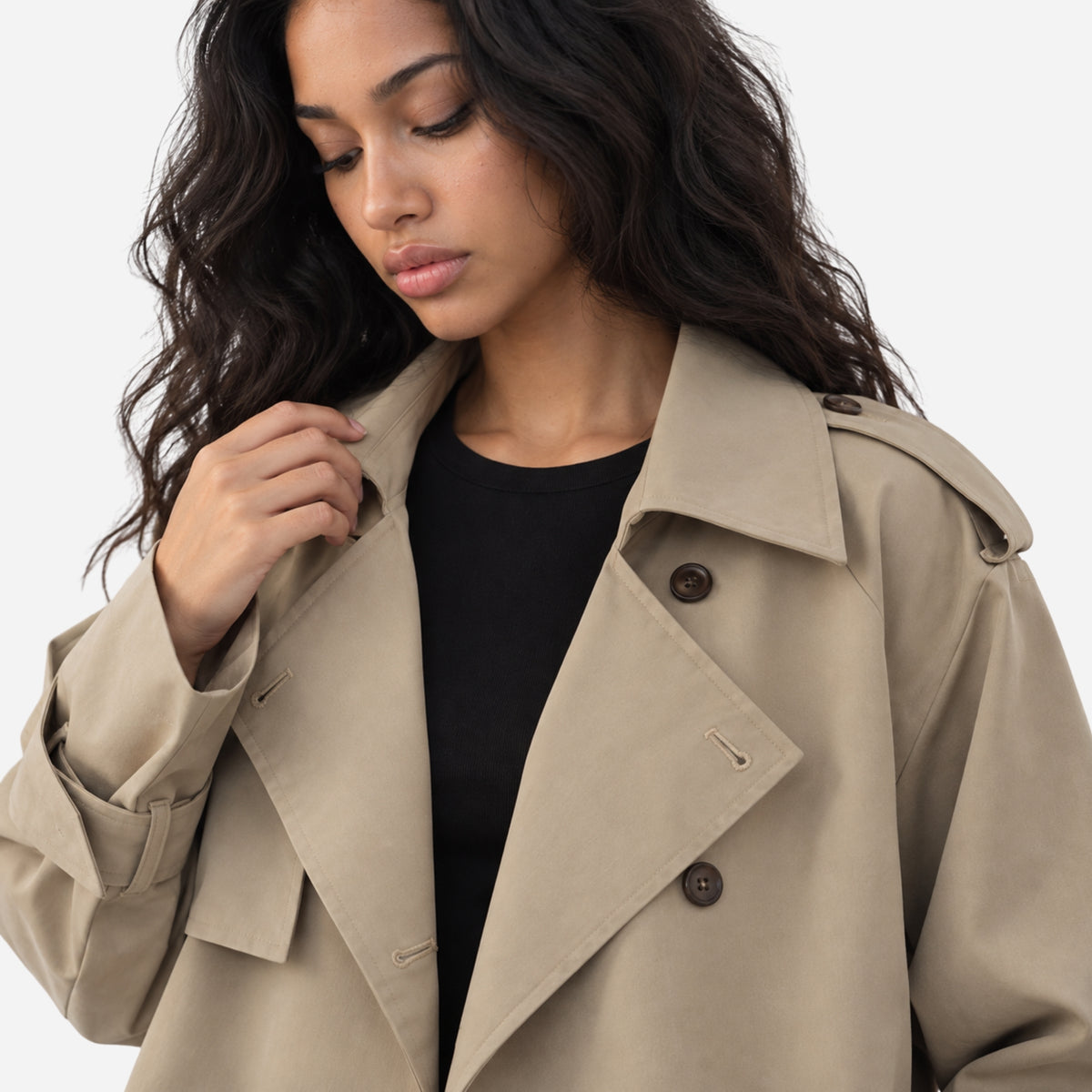 Women's Cropped Double-Breasted Trench Jacket-Fowsa