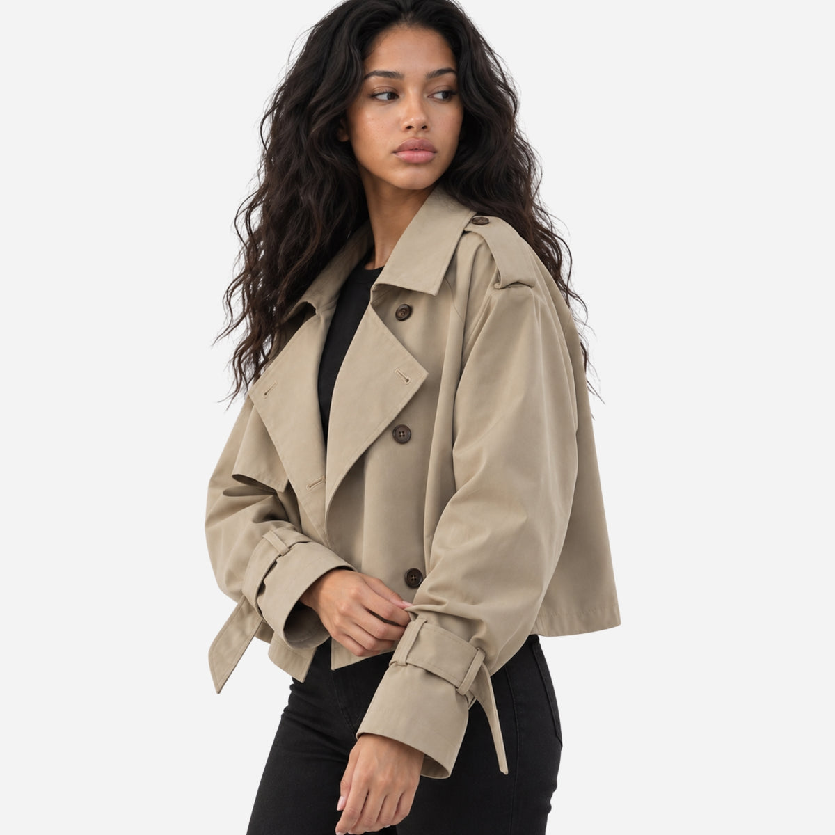 Women's Cropped Double-Breasted Trench Jacket-Fowsa