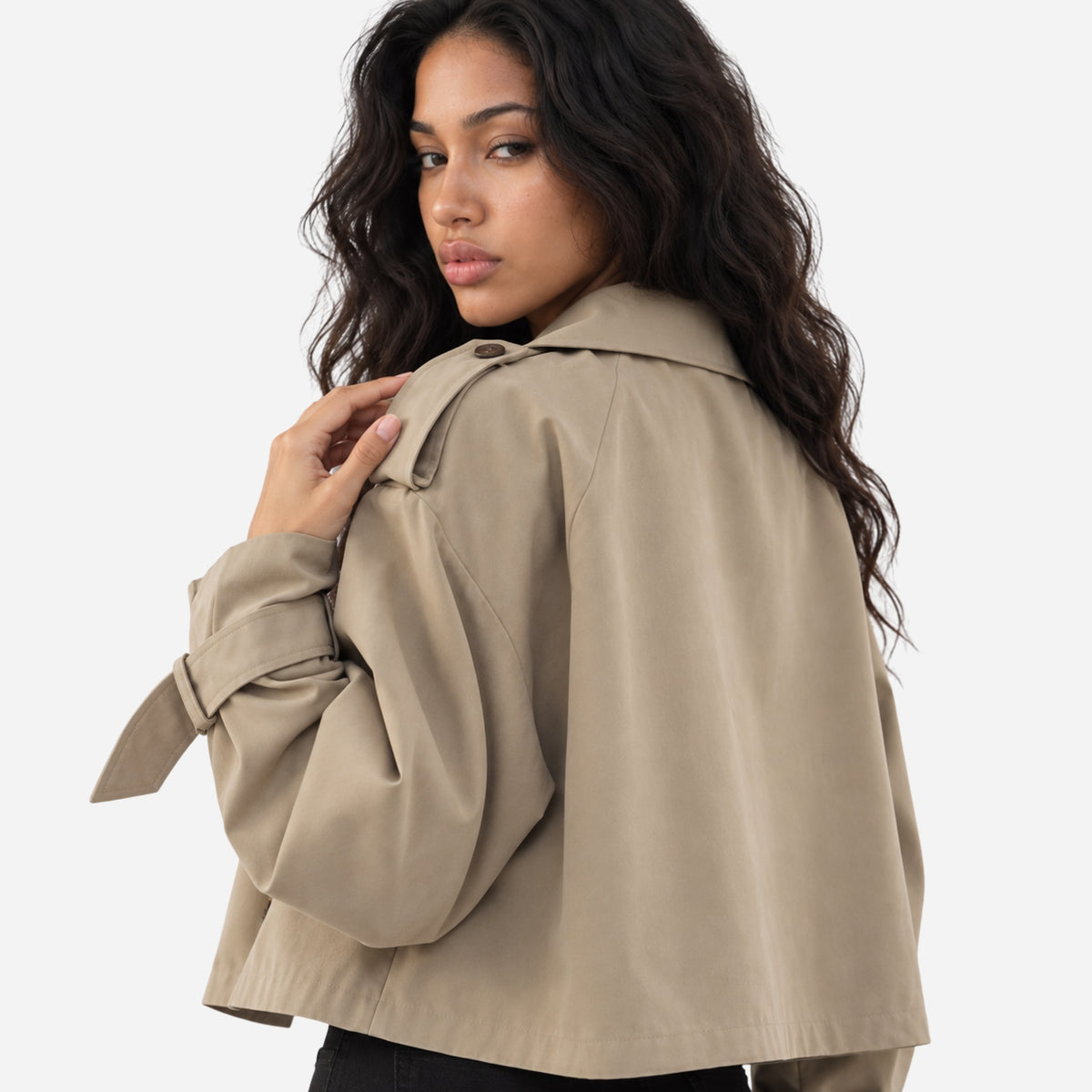Women's Cropped Double-Breasted Trench Jacket-Fowsa