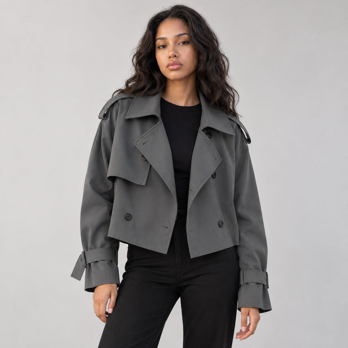Women's Cropped Double-Breasted Trench Jacket-Fowsa