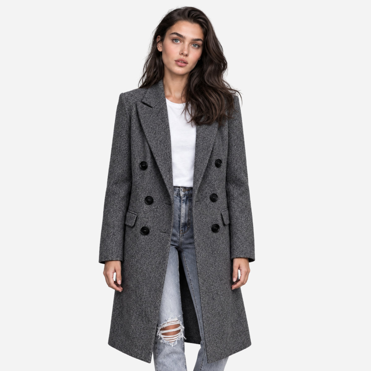 Women's Double-Breasted Tailored Long Coat-Fowsa