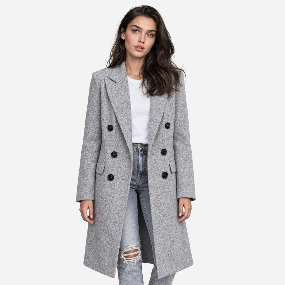 Women's Double-Breasted Tailored Long Coat-Fowsa