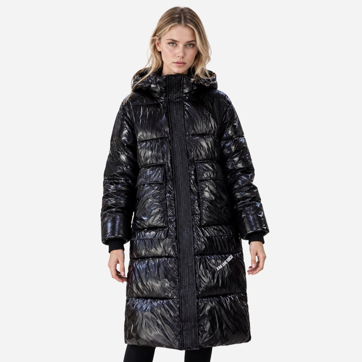 Women's Glossy Hooded Long Puffer Coat-Fowsa