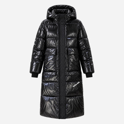 Women's Glossy Hooded Long Puffer Coat-Fowsa