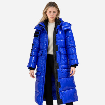 Women's Glossy Hooded Long Puffer Coat-Fowsa