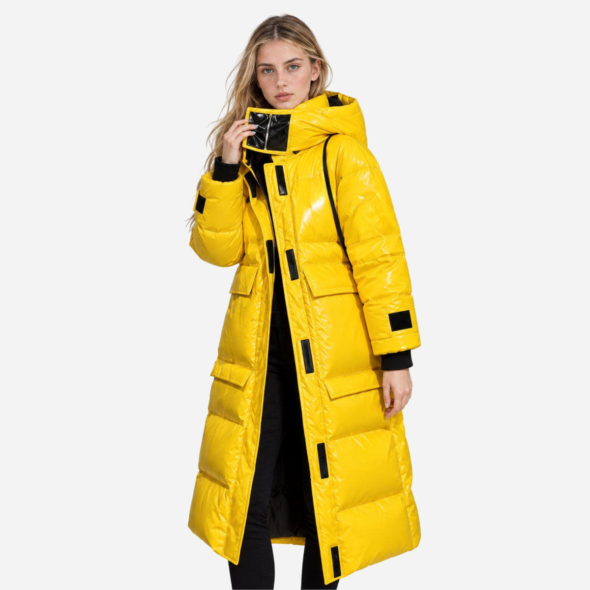 Women's Glossy Hooded Long Puffer Coat-Fowsa
