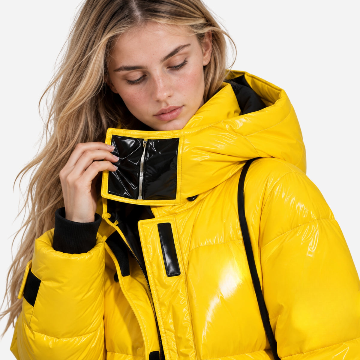 Women's Glossy Hooded Long Puffer Coat-Fowsa