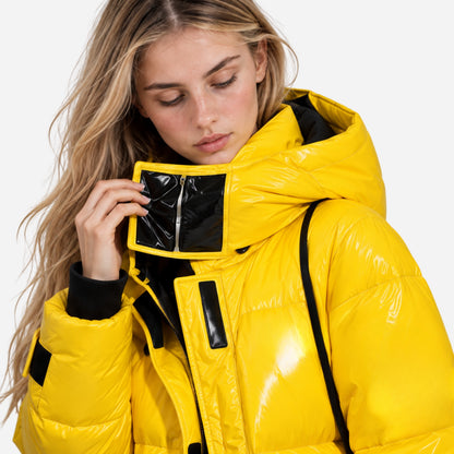 Women's Glossy Hooded Long Puffer Coat-Fowsa