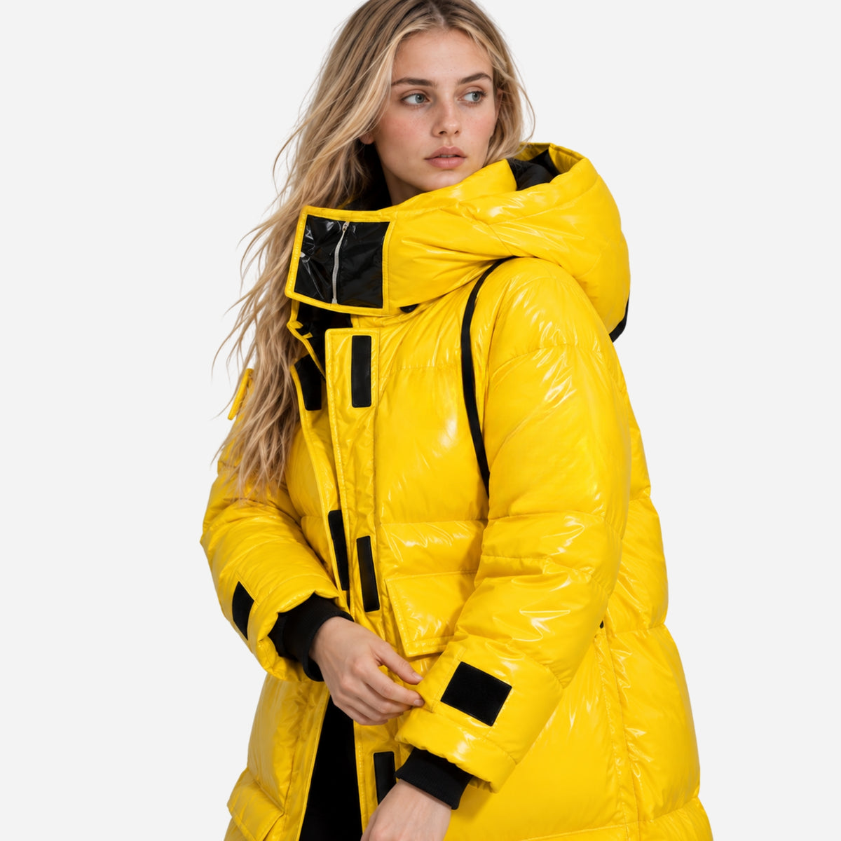 Women's Glossy Hooded Long Puffer Coat-Fowsa