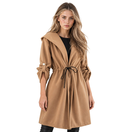 Women's Hooded Tie Waist Duffle Coat-Fowsa