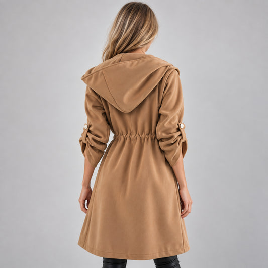 Women's Hooded Tie Waist Duffle Coat-Fowsa
