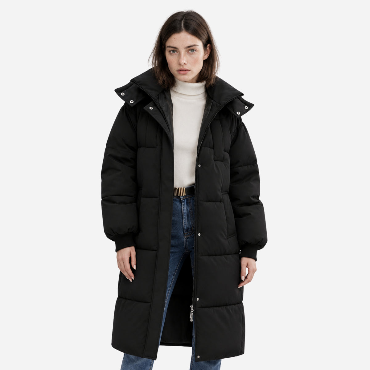 Women's Long Hooded Puffer Jacket-Fowsa
