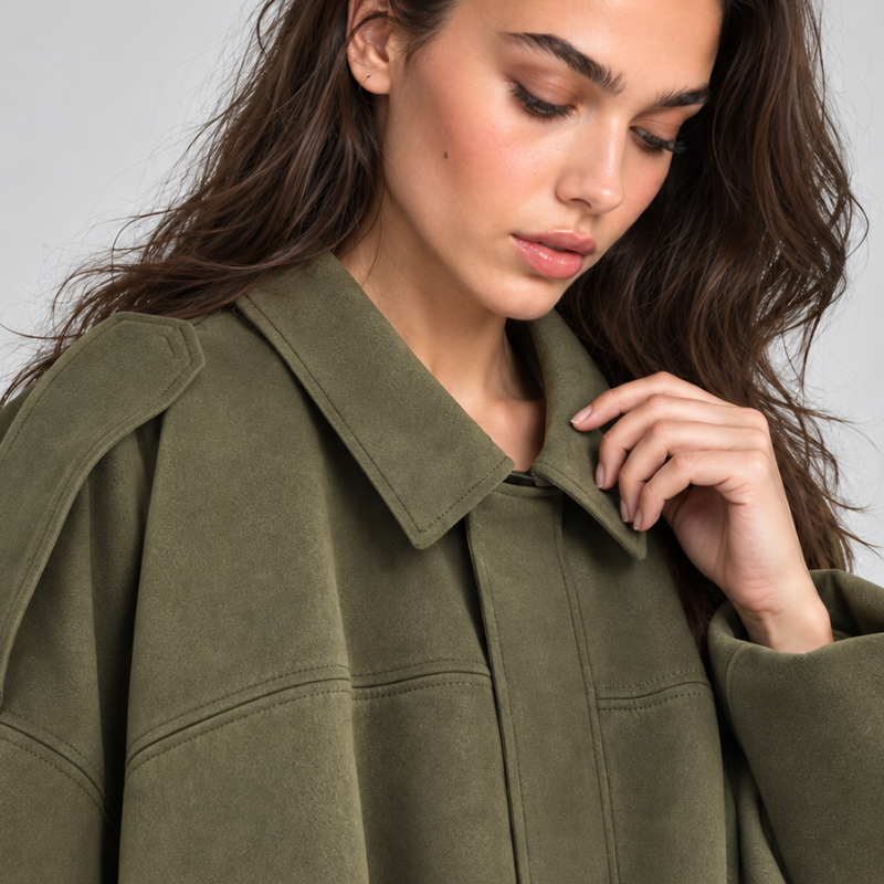 Women's Suede Collared Zip Jacket-Fowsa