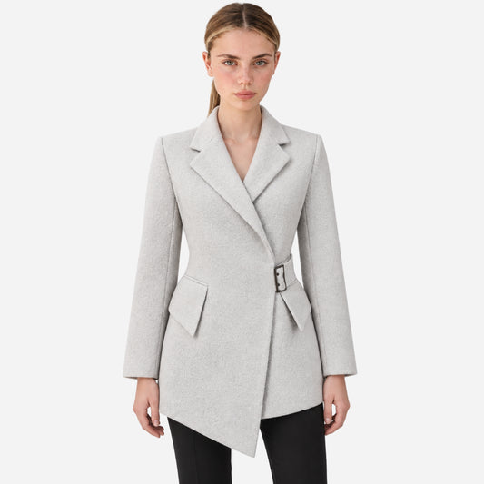 Women's Asymmetric Buckle-Waist Tailored Wool Coat-Fowsa