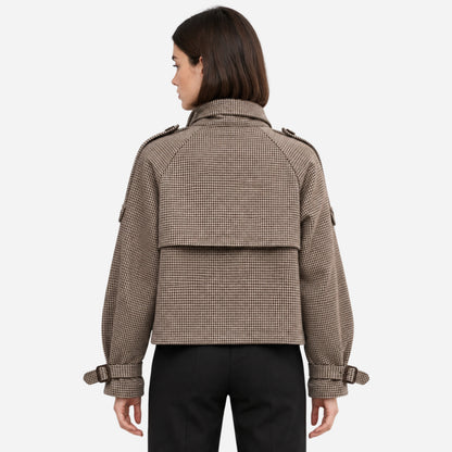 Women's Asymmetric Houndstooth High-Collar Wool Coat-Fowsa