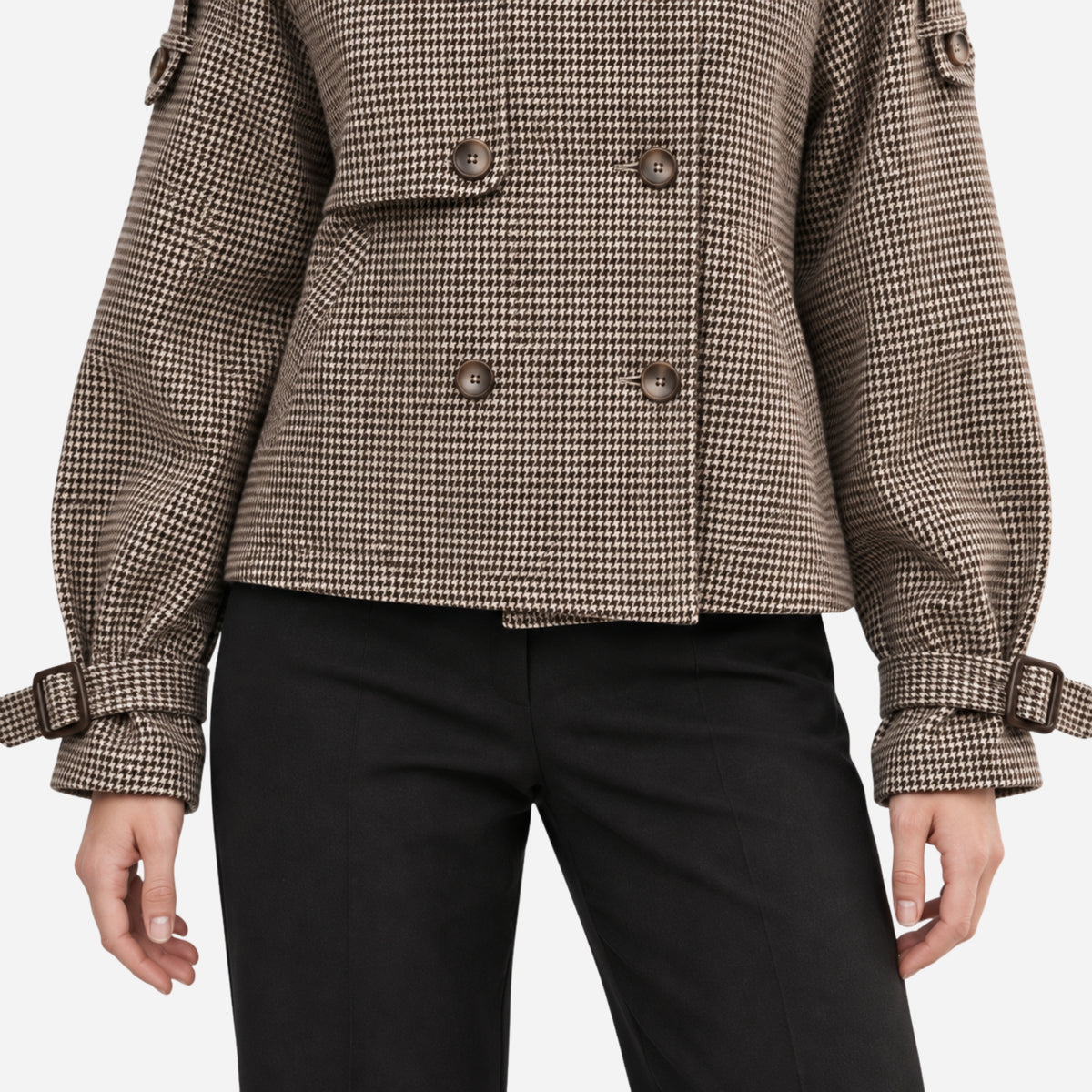 Women's Asymmetric Houndstooth High-Collar Wool Coat-Fowsa