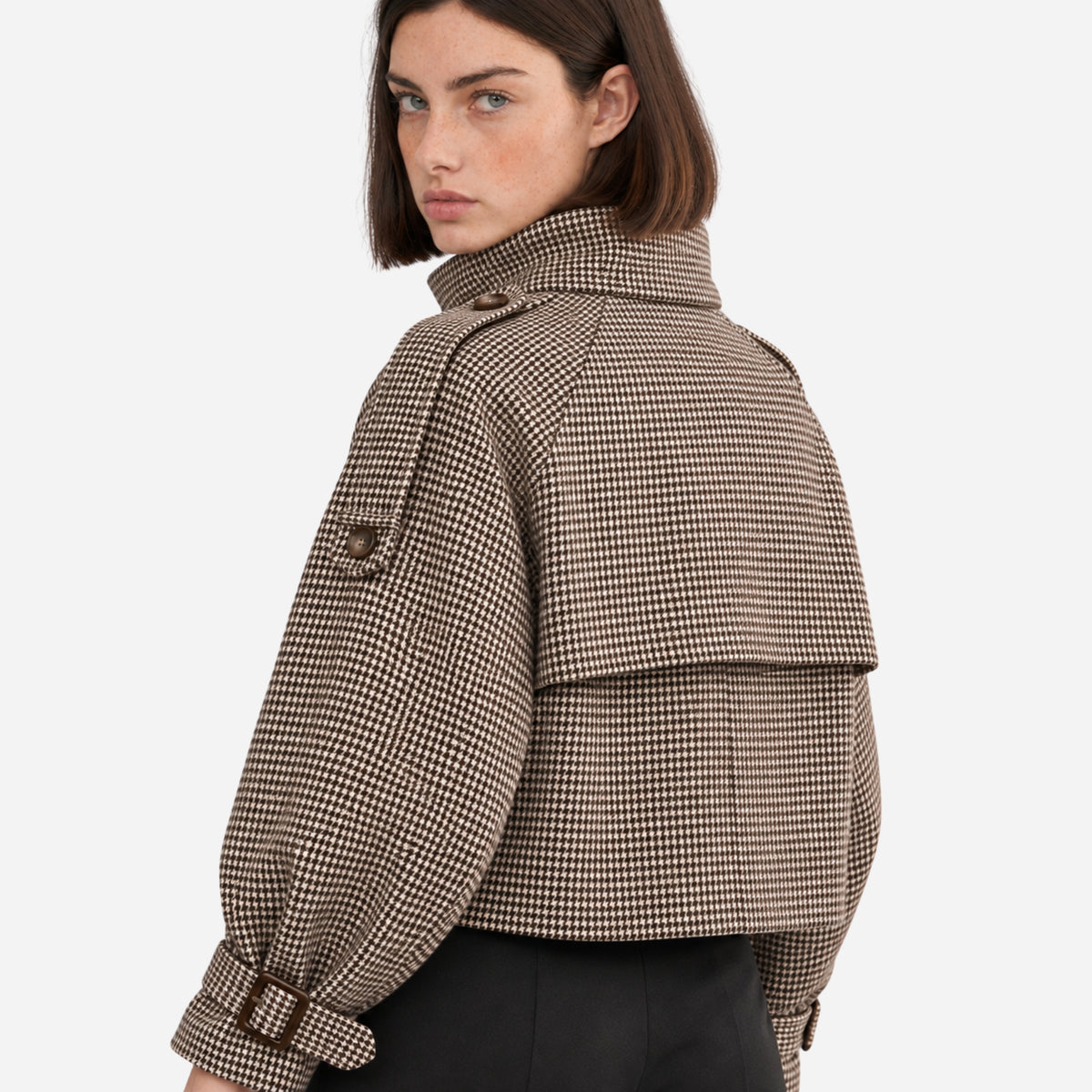 Women's Asymmetric Houndstooth High-Collar Wool Coat-Fowsa