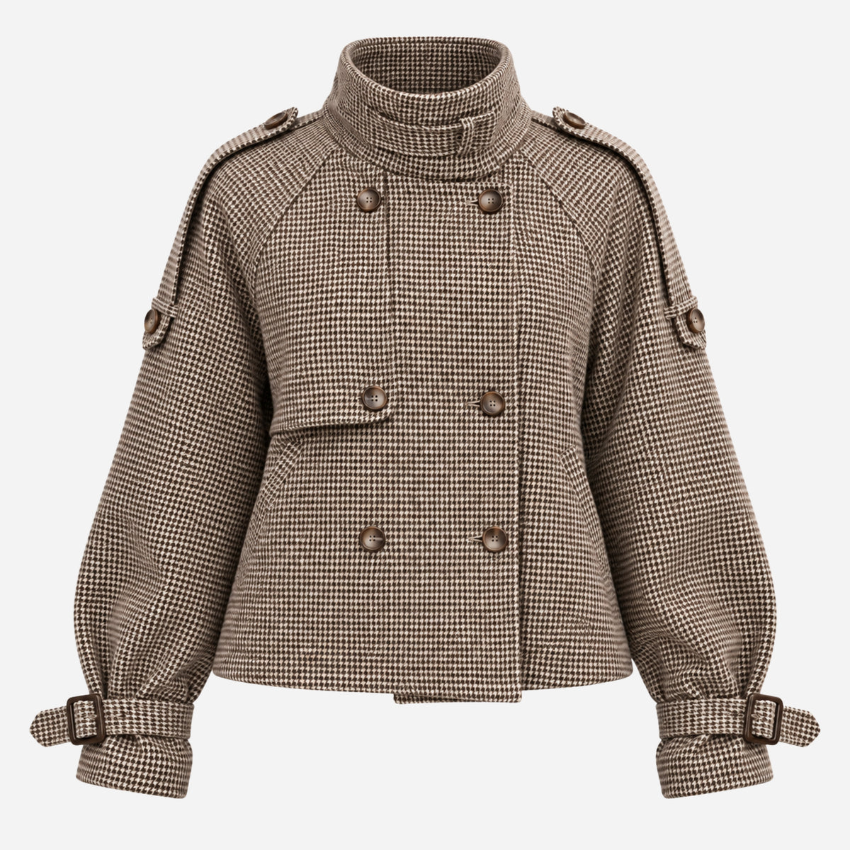 Women's Asymmetric Houndstooth High-Collar Wool Coat-Fowsa