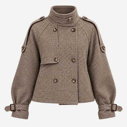 Women's Asymmetric Houndstooth High-Collar Wool Coat-Fowsa