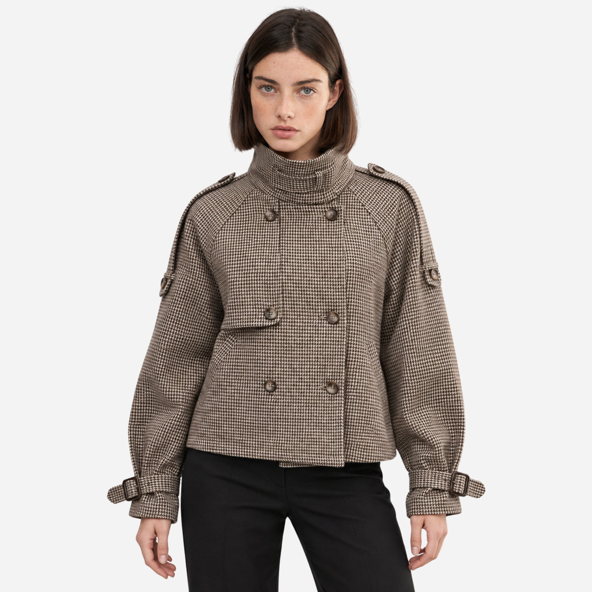Women's Asymmetric Houndstooth High-Collar Wool Coat-Fowsa
