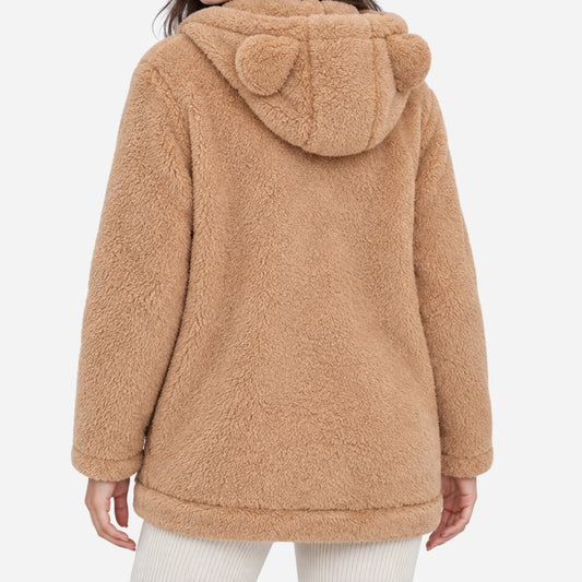 Women's Bear-Ear Hooded Teddy Coat-Fowsa