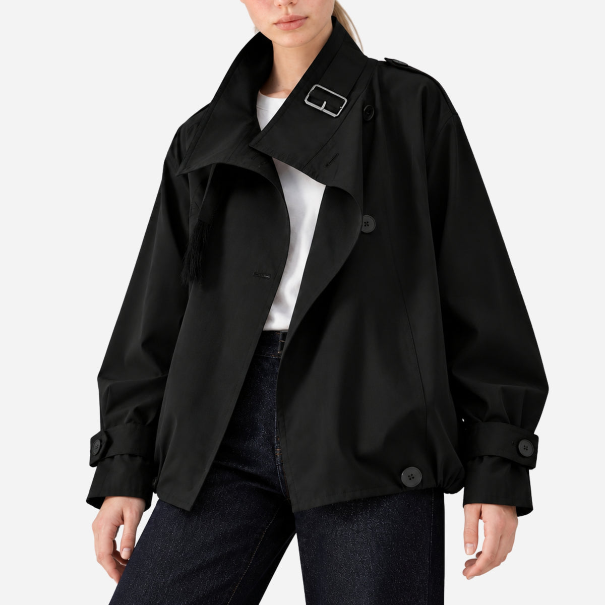 Women's Buckle-Collar Cropped Trench Coat Jacket-Fowsa