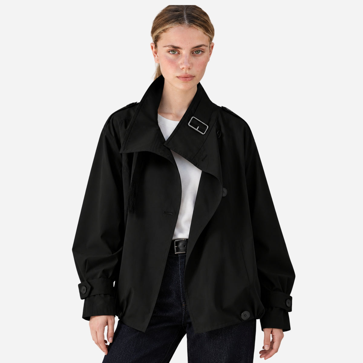 Women's Buckle-Collar Cropped Trench Coat Jacket-Fowsa