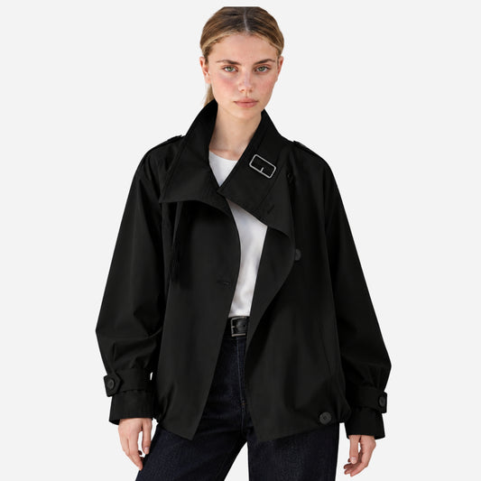 Women's Buckle-Collar Cropped Trench Coat Jacket-Fowsa
