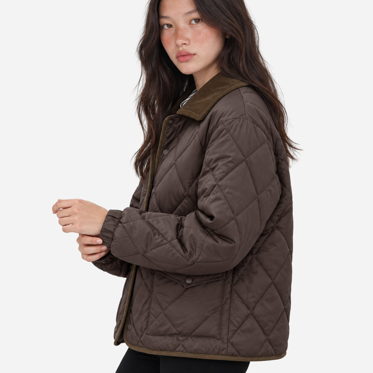 Women's Contrast-Collar Diamond-Quilted Jacket-Fowsa