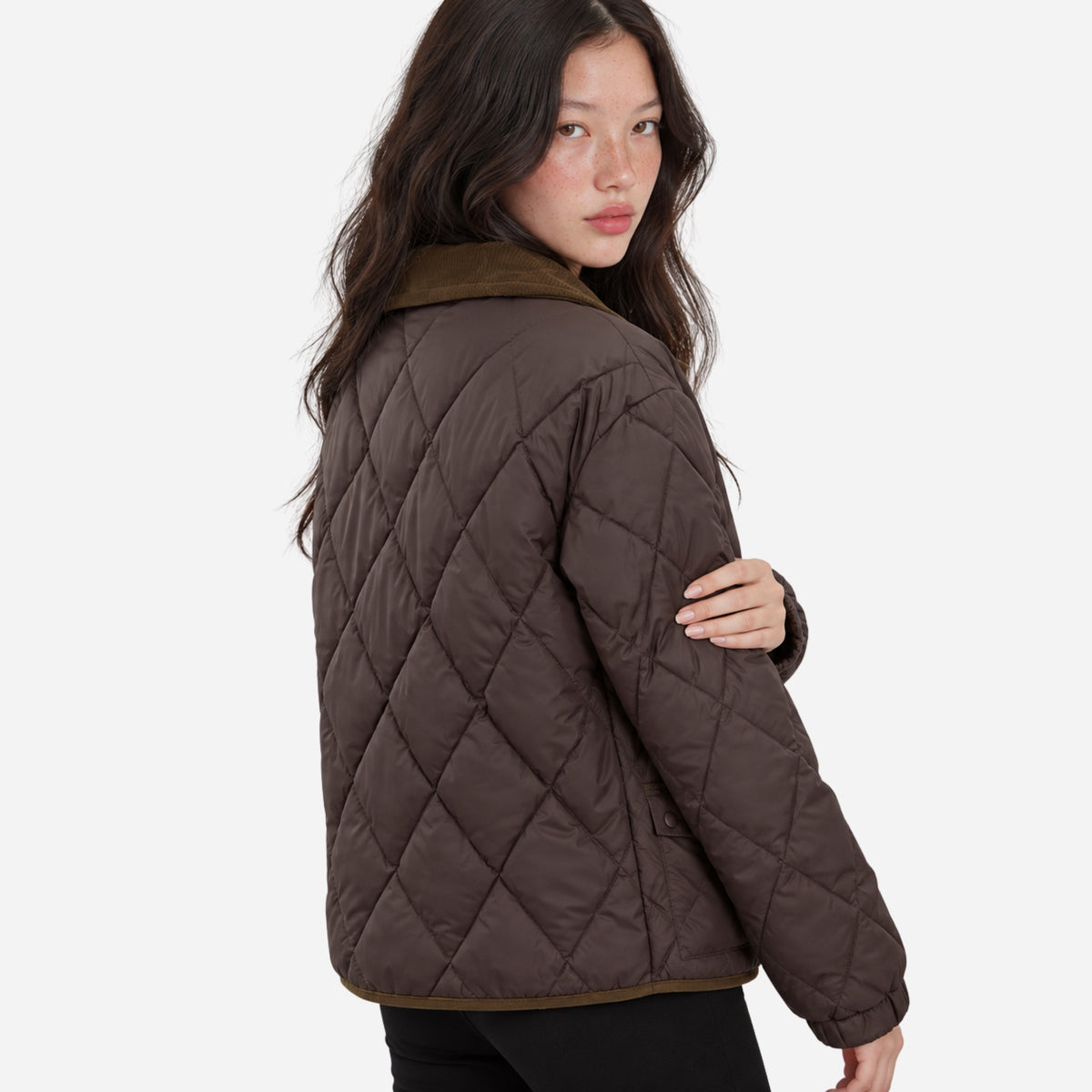 Women's Contrast-Collar Diamond-Quilted Jacket-Fowsa