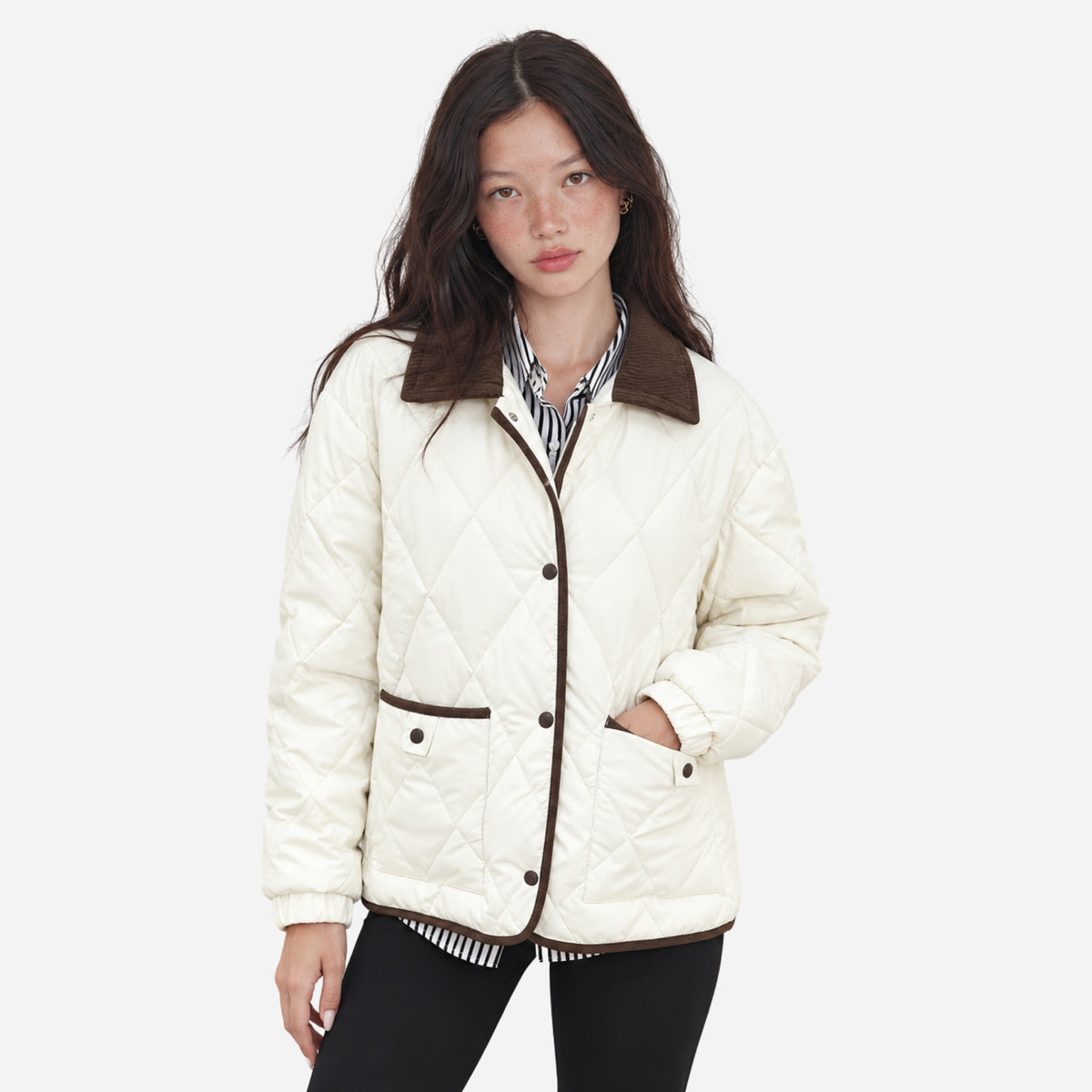 Women's Contrast-Collar Diamond-Quilted Jacket-Fowsa
