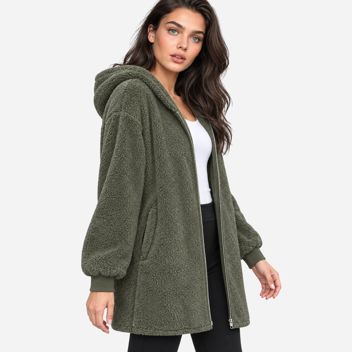 Women’s Hooded Zip Front Teddy Coat-Fowsa
