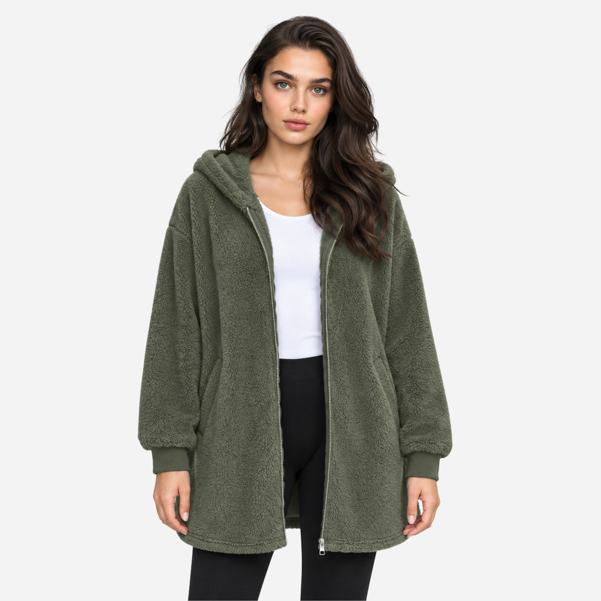 Women’s Hooded Zip Front Teddy Coat-Fowsa
