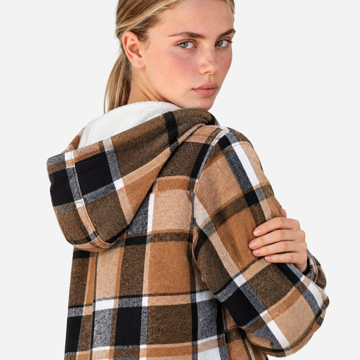 Women’s Plaid Hooded Button-Front Coat-Fowsa