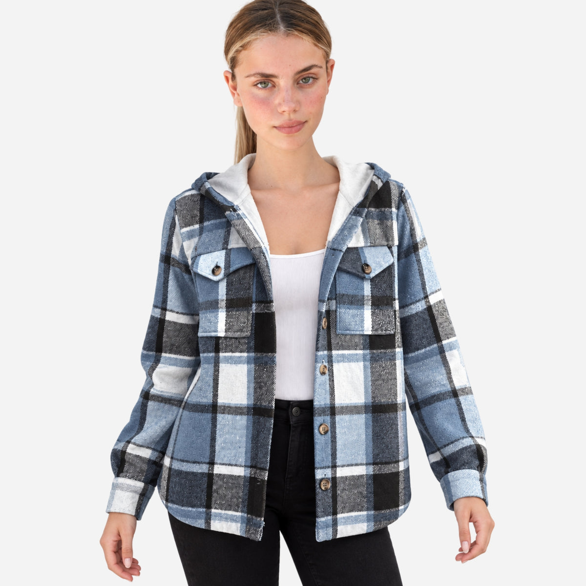 Women’s Plaid Hooded Button-Front Coat-Fowsa