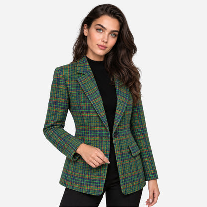Women's Plaid Single-Button Blazer Jacket-Fowsa