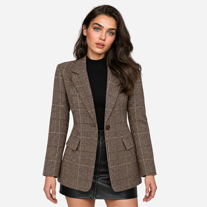 Women's Plaid Single-Button Blazer Jacket-Fowsa