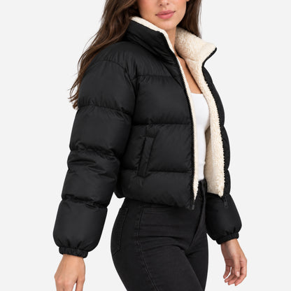 Women's Sherpa-Lined Cropped Puffer Jacket-Fowsa