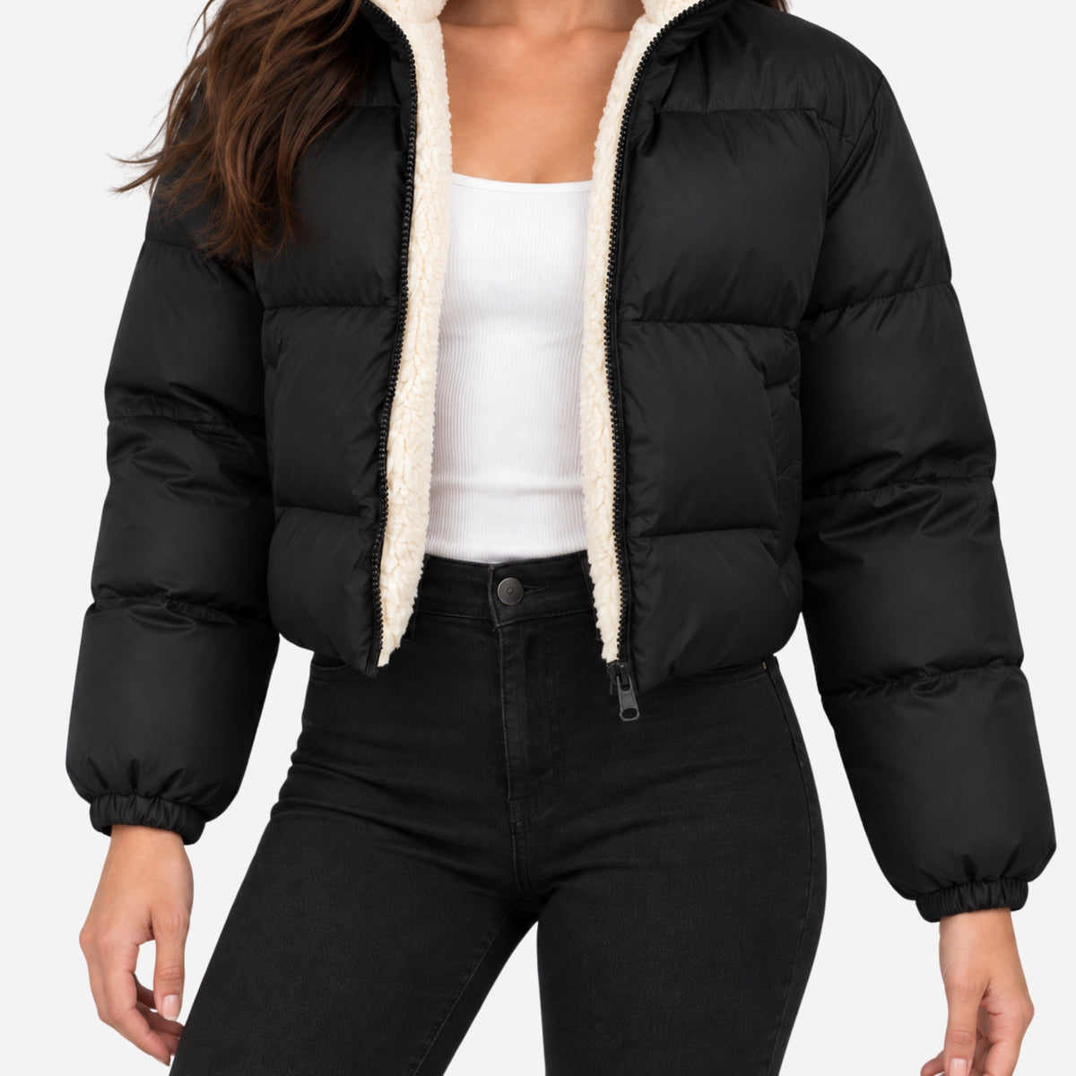 Women's Sherpa-Lined Cropped Puffer Jacket-Fowsa