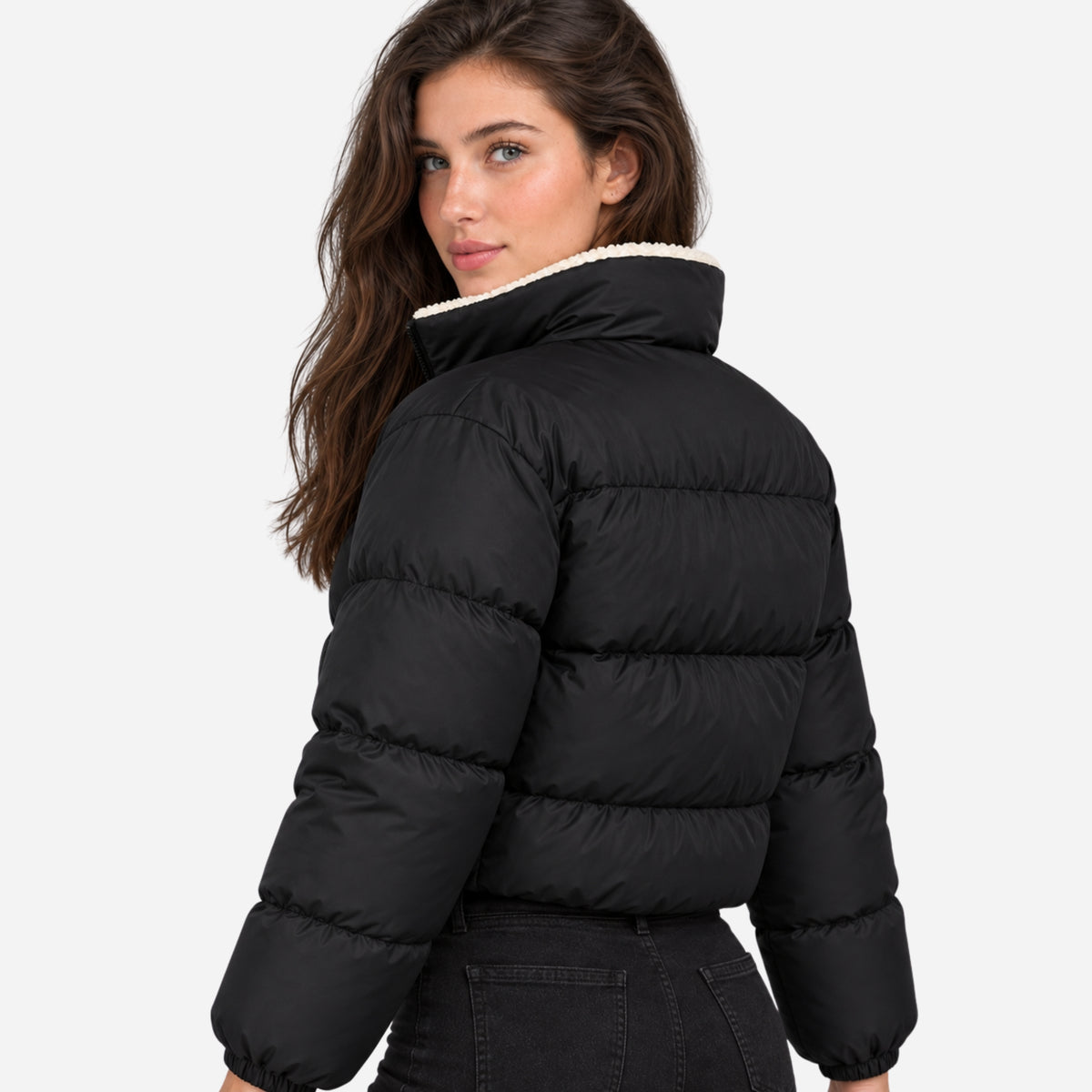 Women's Sherpa-Lined Cropped Puffer Jacket-Fowsa