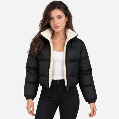 Women's Sherpa-Lined Cropped Puffer Jacket-Fowsa