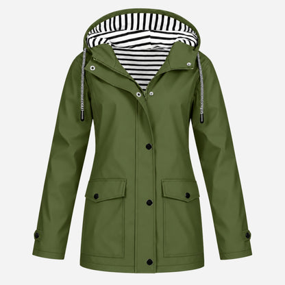 Women's Striped-Lined Hooded Waterproof Rain Jacket-Fowsa