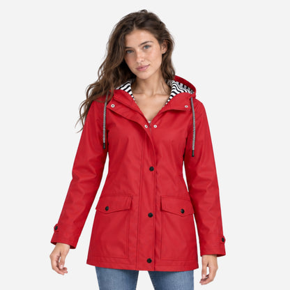 Women's Striped-Lined Hooded Waterproof Rain Jacket-Fowsa