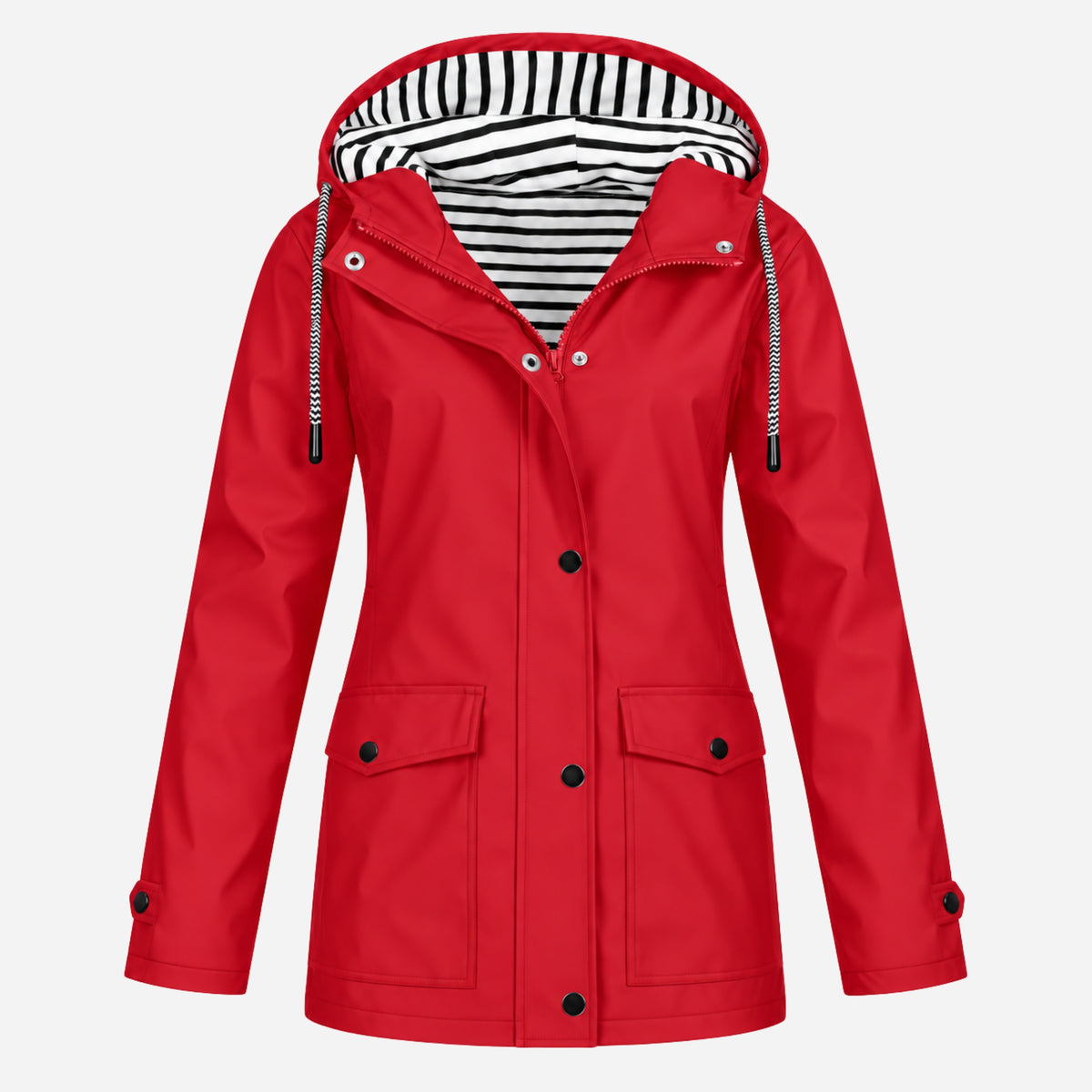 Women's Striped-Lined Hooded Waterproof Rain Jacket-Fowsa