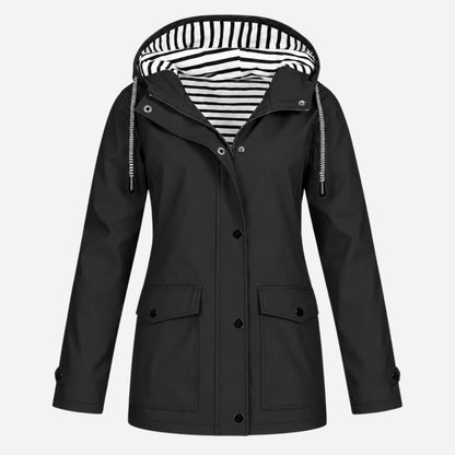 Women's Striped-Lined Hooded Waterproof Rain Jacket-Fowsa